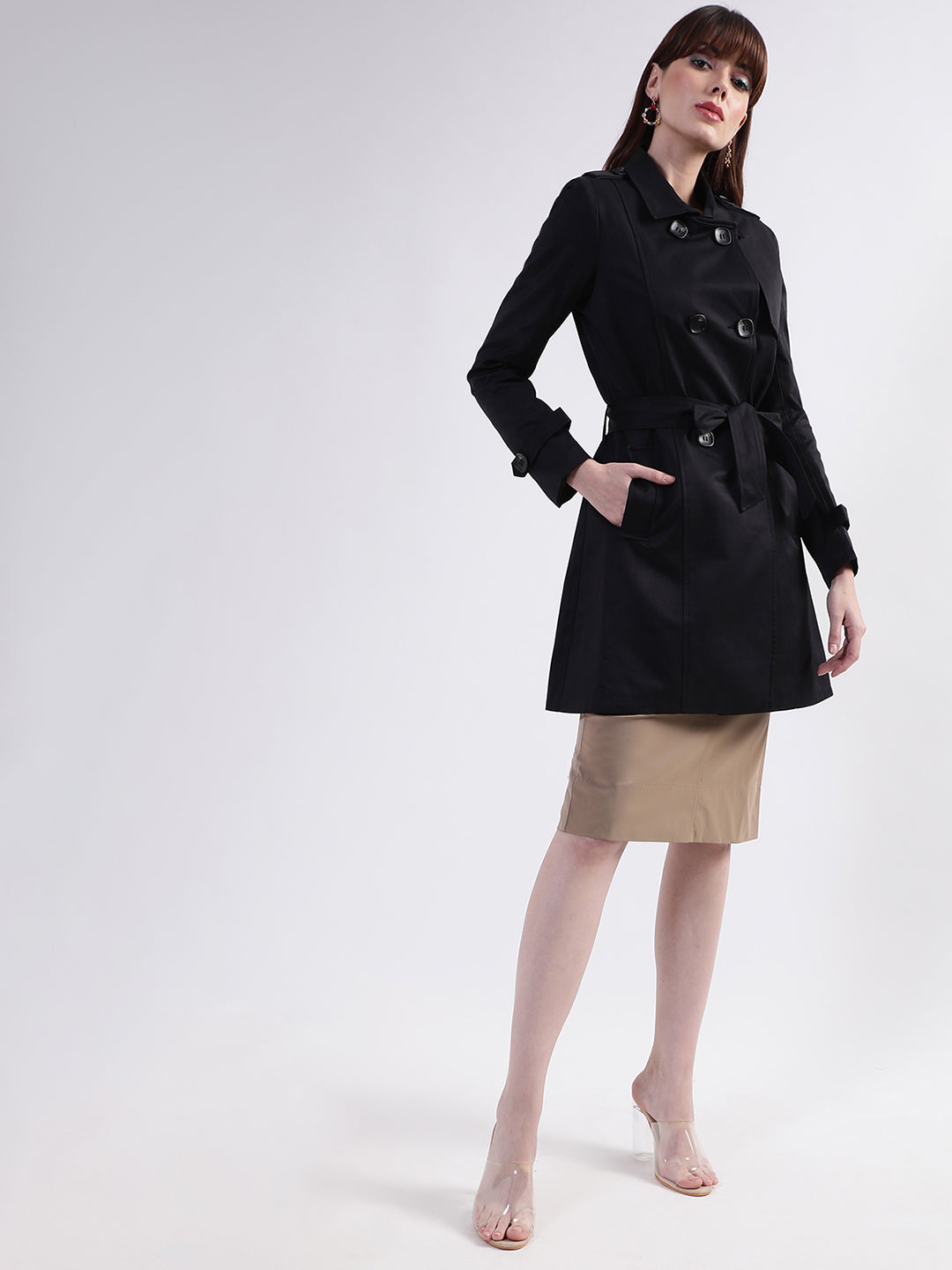 Centre Stage Women Black Solid Collar Overcoat