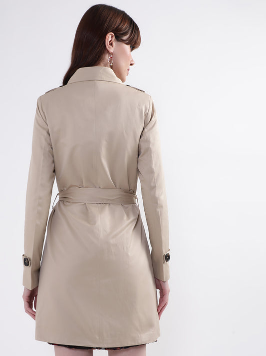 Centre Stage Women Beige Solid Collar Overcoat
