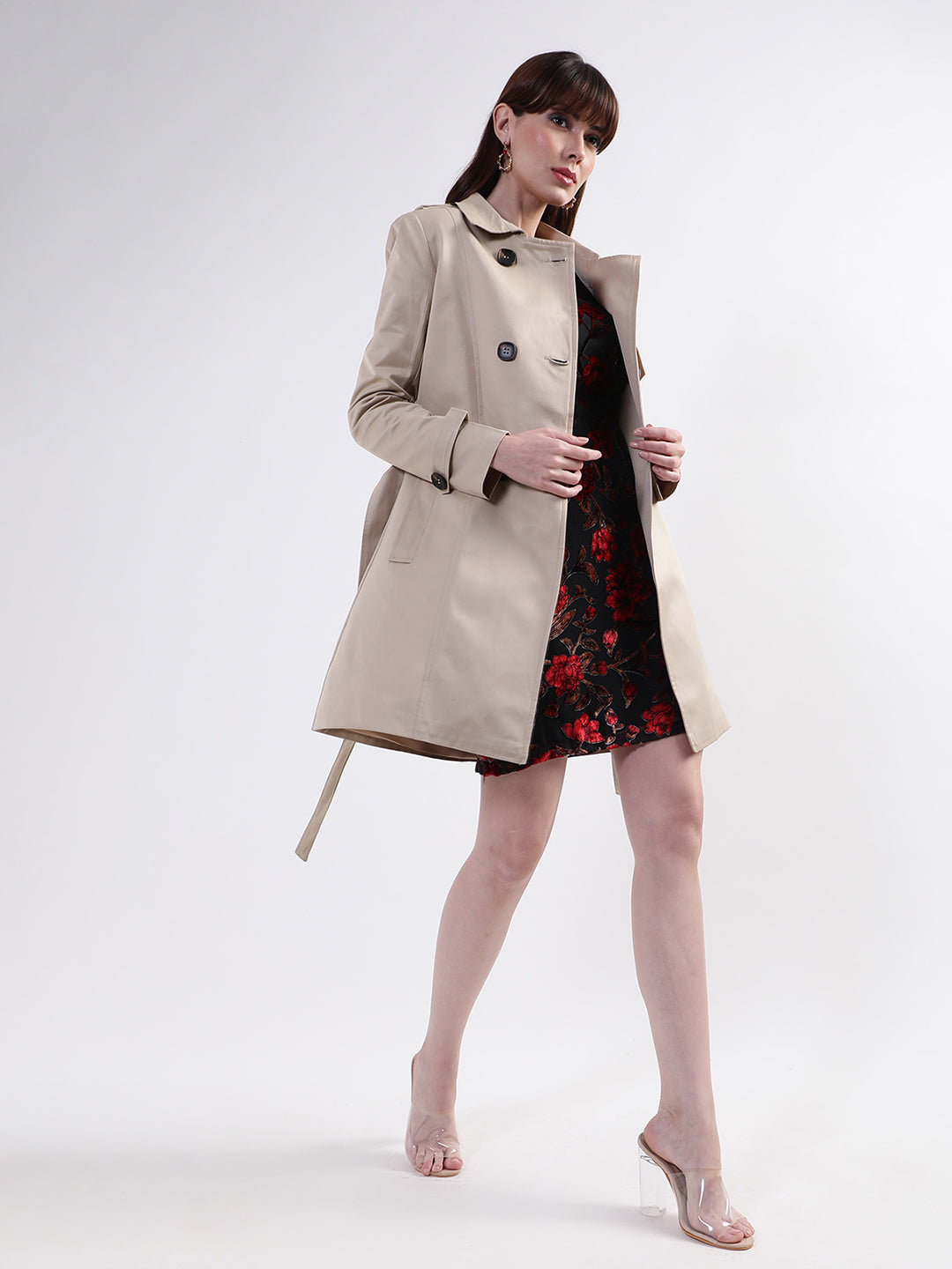 Centre Stage Women Beige Solid Collar Overcoat