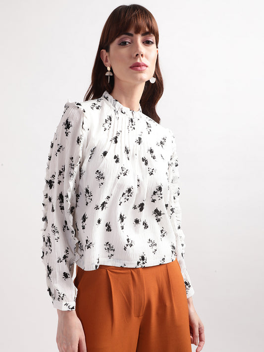 Centre Stage Women White Printed Band Collar Top
