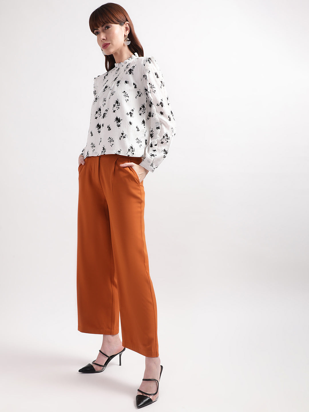 Centre Stage Women White Printed Band Collar Top