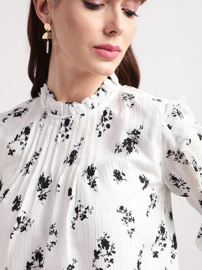 Centre Stage Women White Printed Band Collar Top