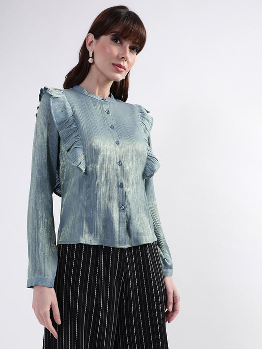 Centre Stage Women Blue Solid Collar Top