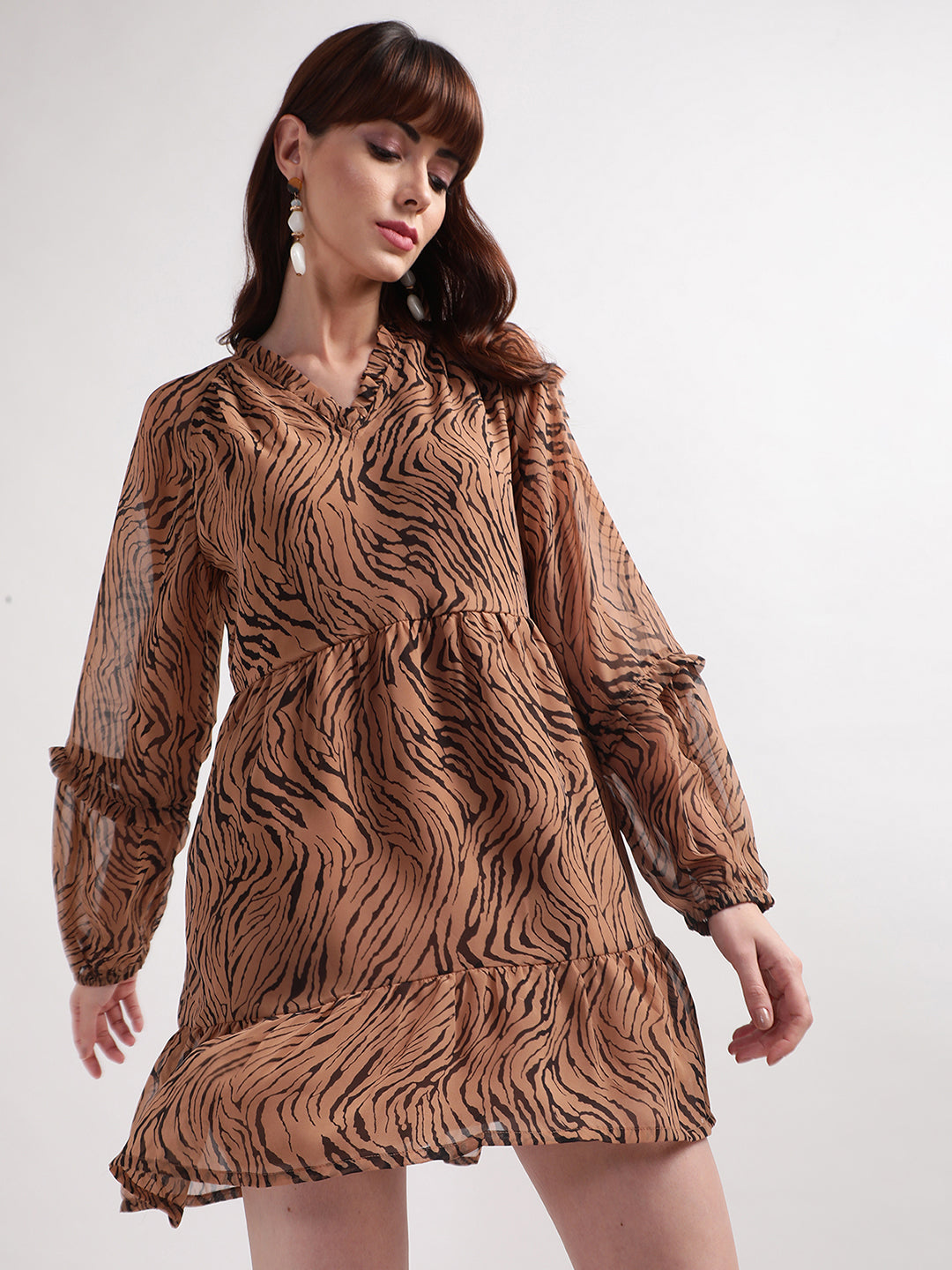 Centre Stage Women Brown Printed V Neck Dress