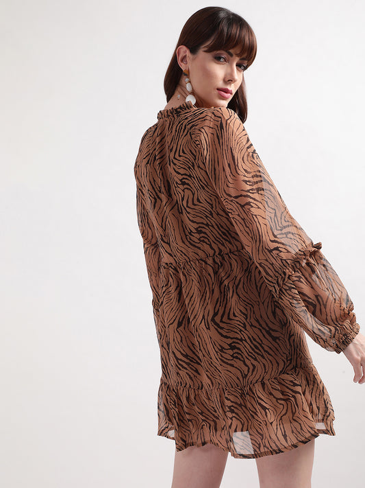 Centre Stage Women Brown Printed V Neck Dress