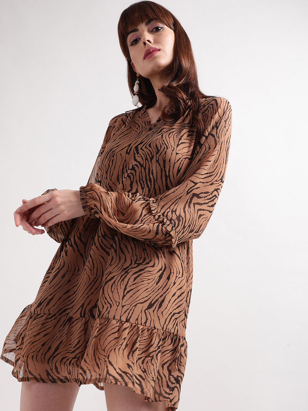 Centre Stage Women Brown Printed V Neck Dress