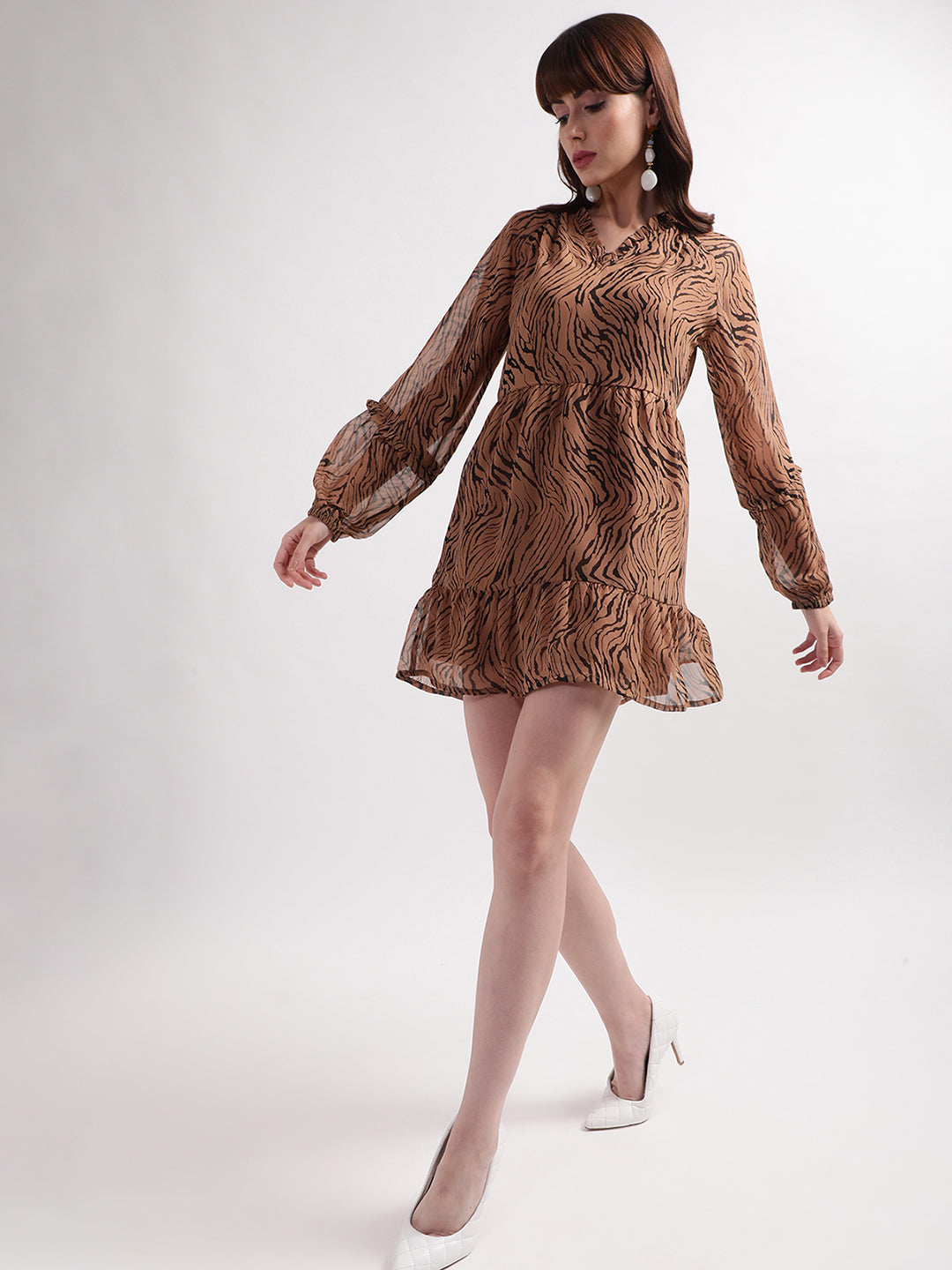 Centre Stage Women Brown Printed V Neck Dress