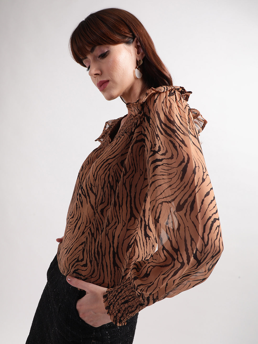 Centre Stage Women Brown Printed V Neck Top