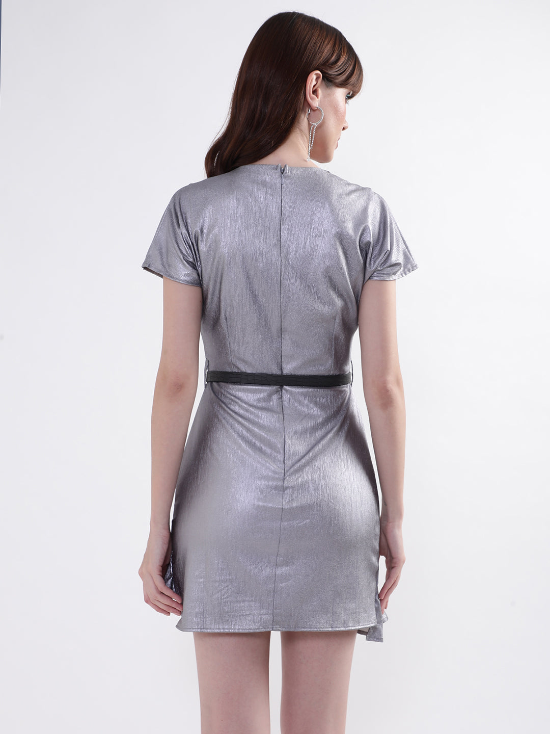 Centre Stage Women Silver Solid Round Neck Dress
