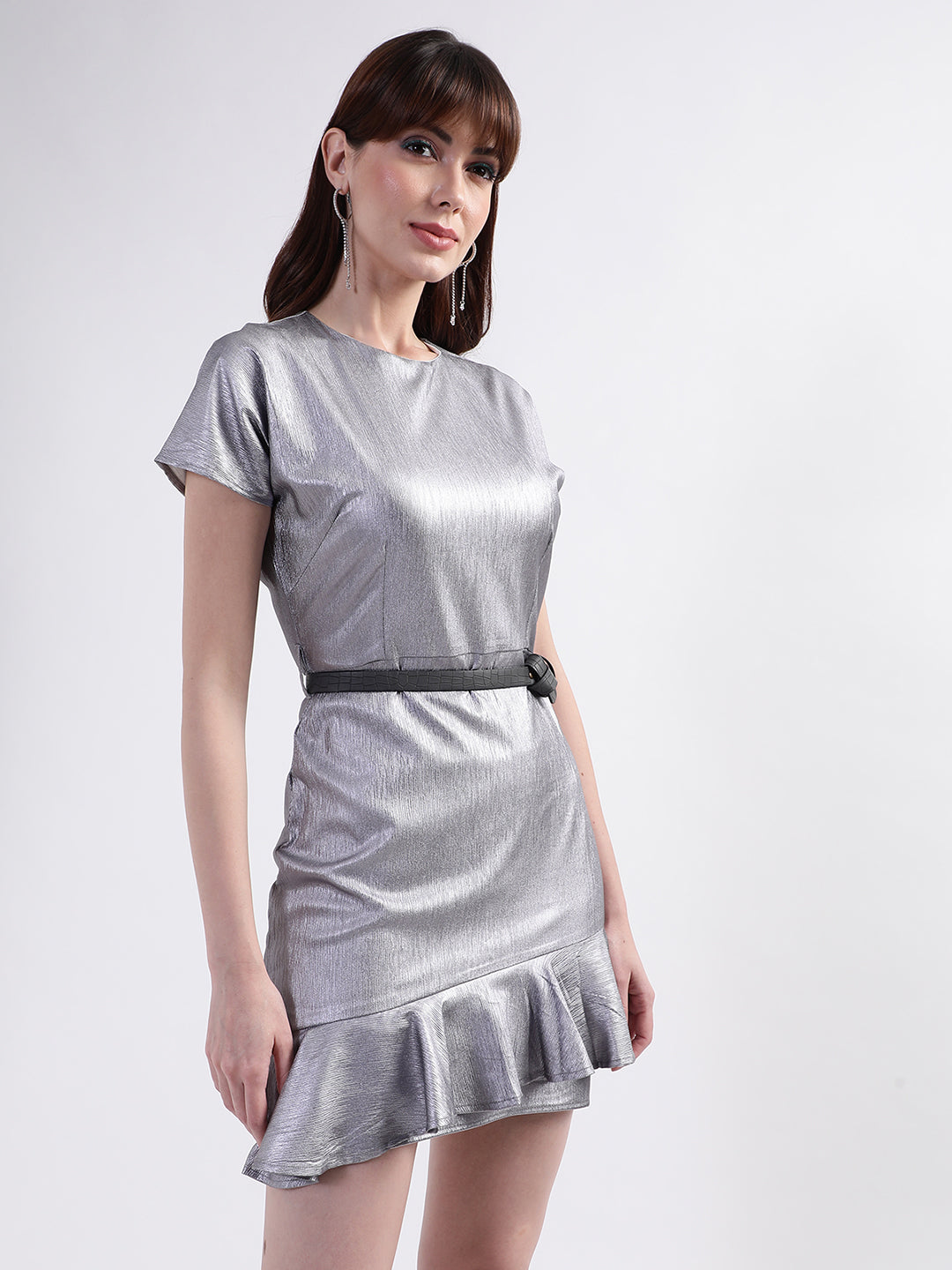 Centre Stage Women Silver Solid Round Neck Dress