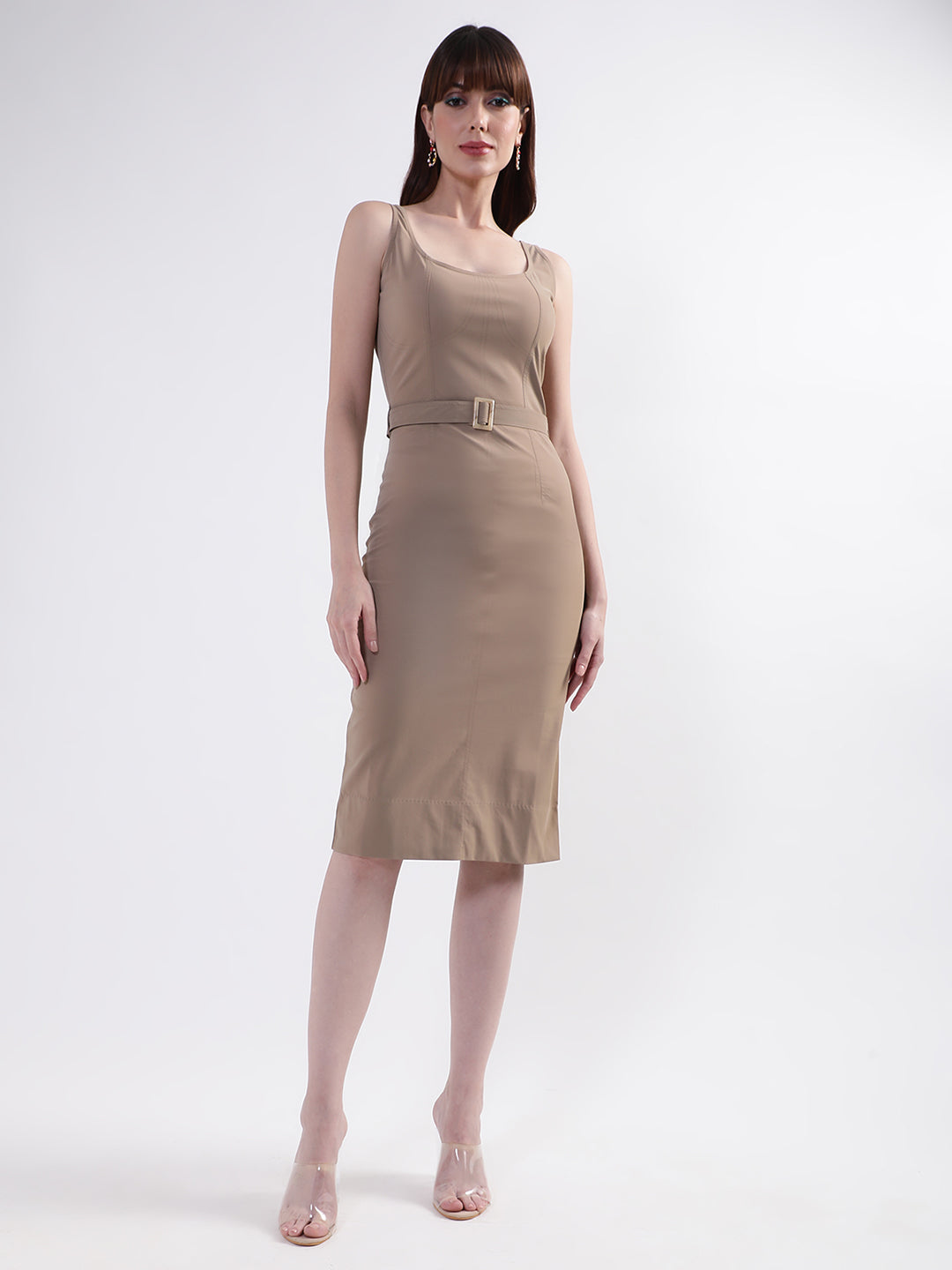 Centre Stage Women Beige Solid Round Neck Dress