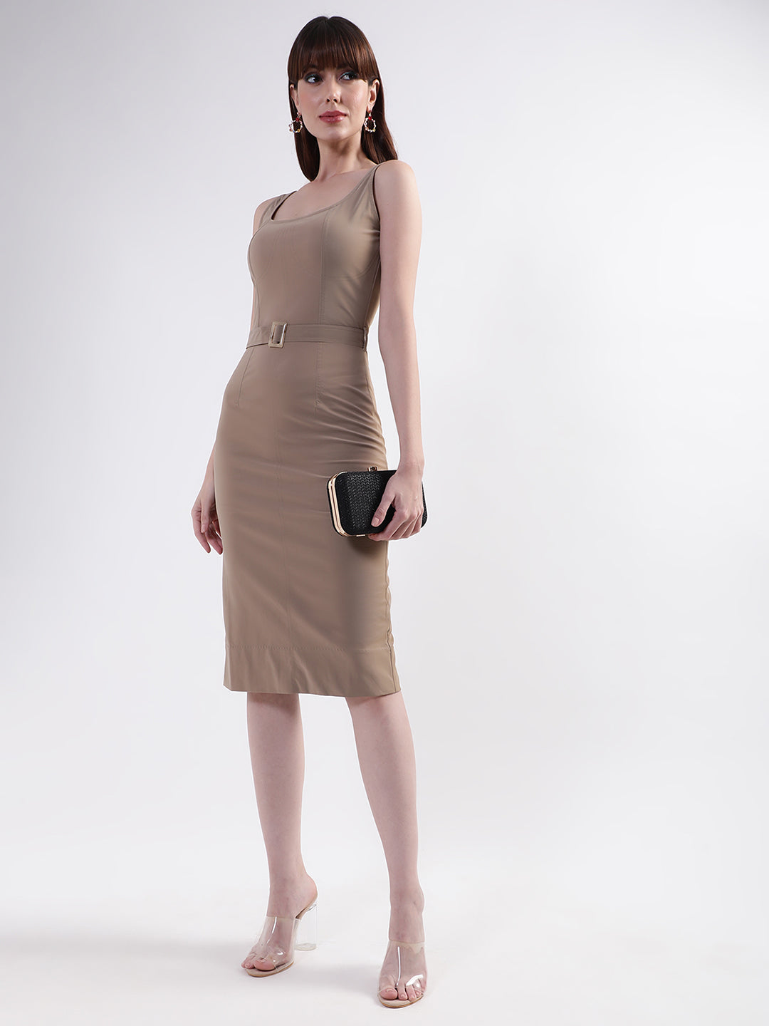 Centre Stage Women Beige Solid Round Neck Dress