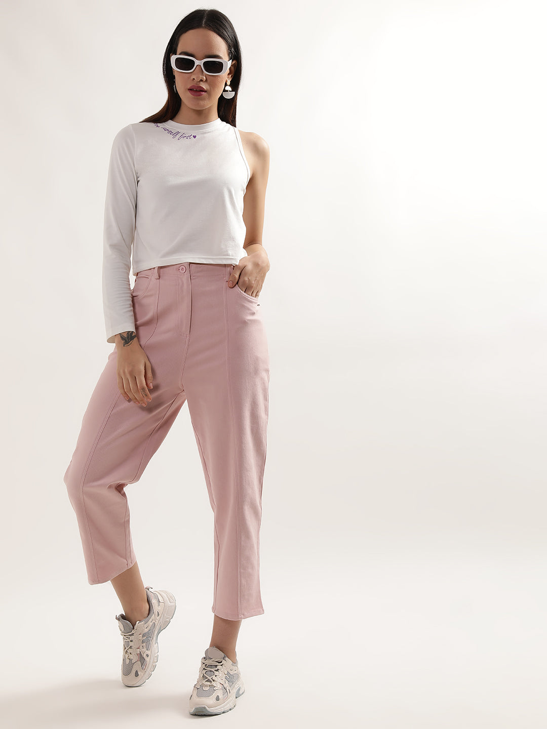 Elle Women Pink Solid Regular Fit Trouser