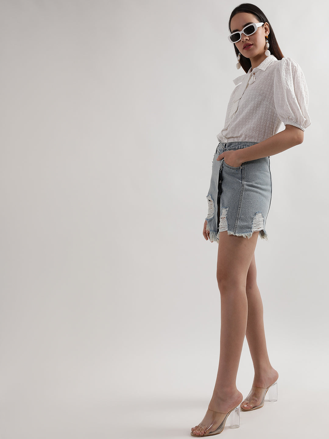 Elle Women Light Blue Solid Regular Fit Skirt