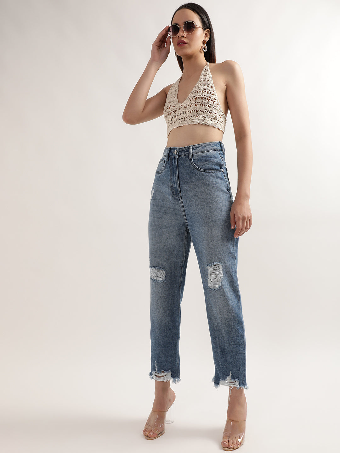 Elle Women Mid Blue Solid Regular Fit Jeans