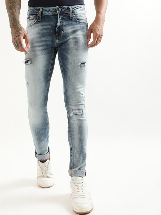 Antony Morato Men Super Skinny Fit Cotton Mildly Distressed Heavy Fade Stretchable Jeans