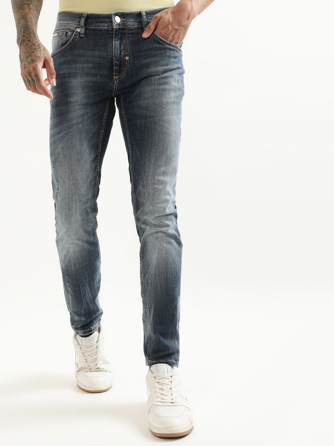 Antony Morato Men Super Skinny Fit Cotton Heavy Fade Crinkle Stretchable Jeans