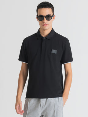 Antony Morato Men Black Polo Collar Applique Slim Fit T-shirt