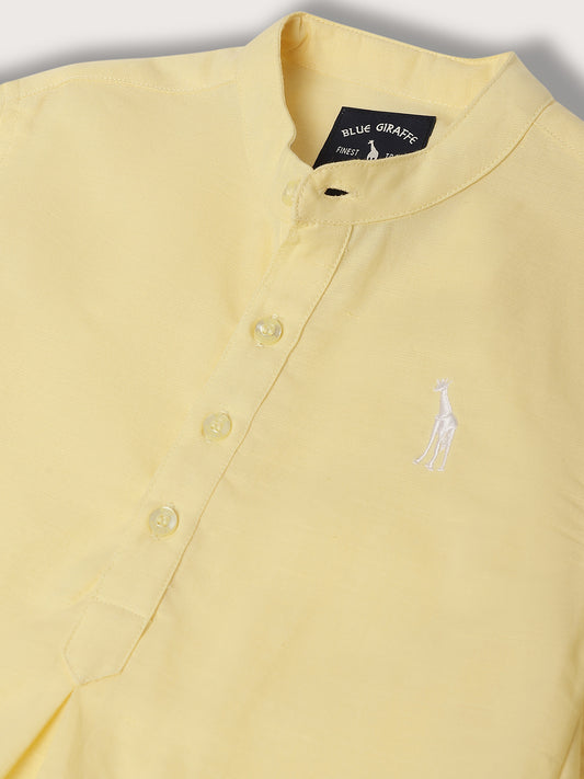 Blue Giraffe Boys Yellow Solid Mandarin Collar Shirt