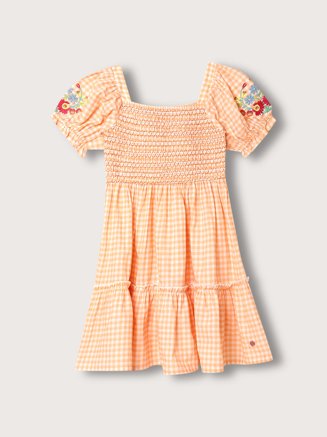 Blue Giraffe Girls Peach Checked Square Neck Dress