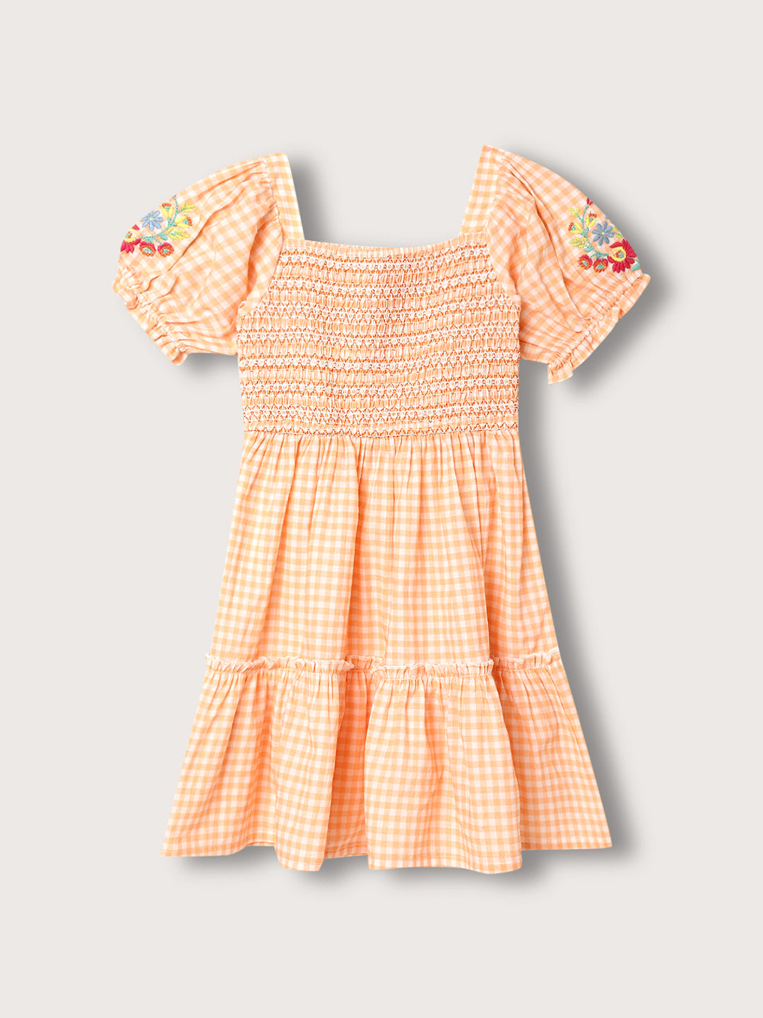 Blue Giraffe Girls Peach Checked Square Neck Dress