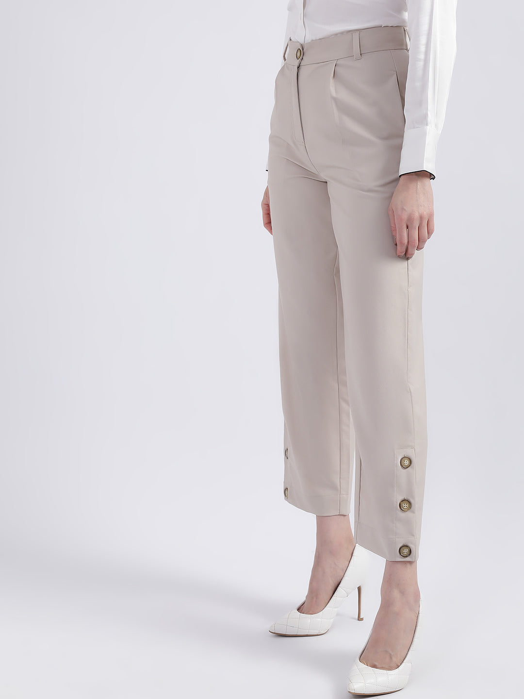Centre Stage Women Beige Solid Straight Fit Trouser