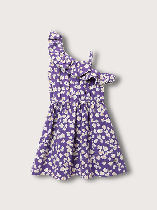 Elle Girls Purple Printed Asymmetrical Neck Dress