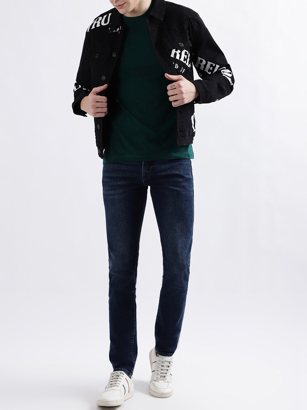 True Religion Men Black Printed Full Sleeves Collar Jacket