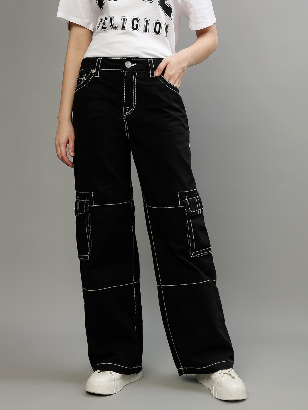 True Religion Women Solid Oversized Jeans