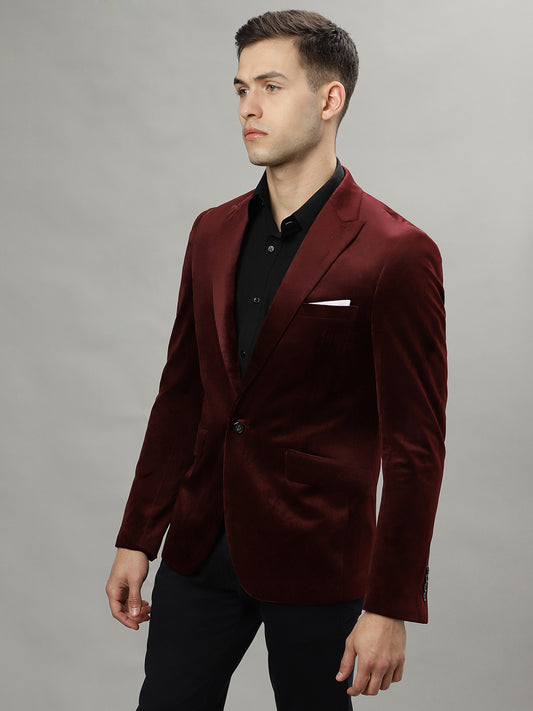 Lindbergh Men Burgundy Single-Breasted Peaked Lapel Long Sleeves Blazer