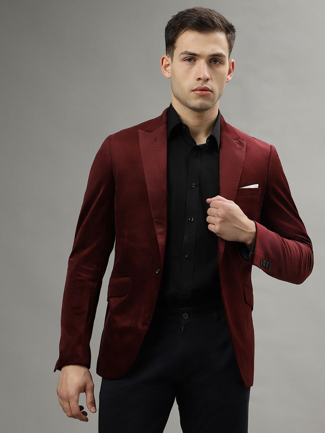 Lindbergh Men Burgundy Single-Breasted Peaked Lapel Long Sleeves Blazer