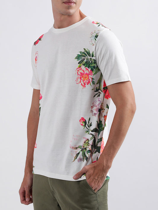Lindbergh Off White Floral Print Regular Fit T-Shirt