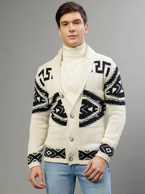 Lindbergh Men Printed Shawl-Collar Full Sleeves Sweater