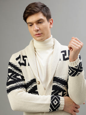 Lindbergh Men Printed Shawl-Collar Full Sleeves Sweater
