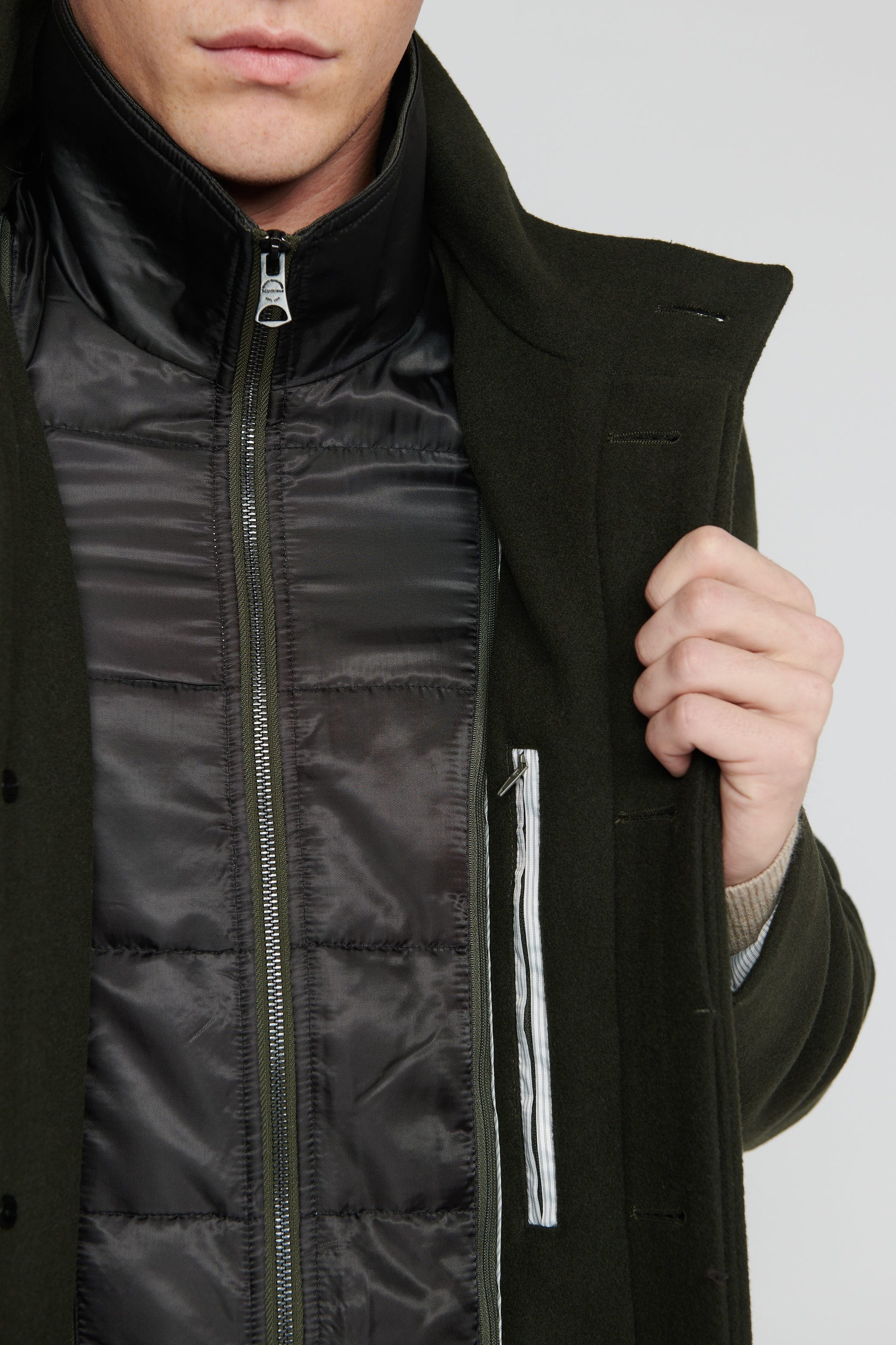 Matinique Men Green Solid Stand Collar Long Sleeves Overcoat