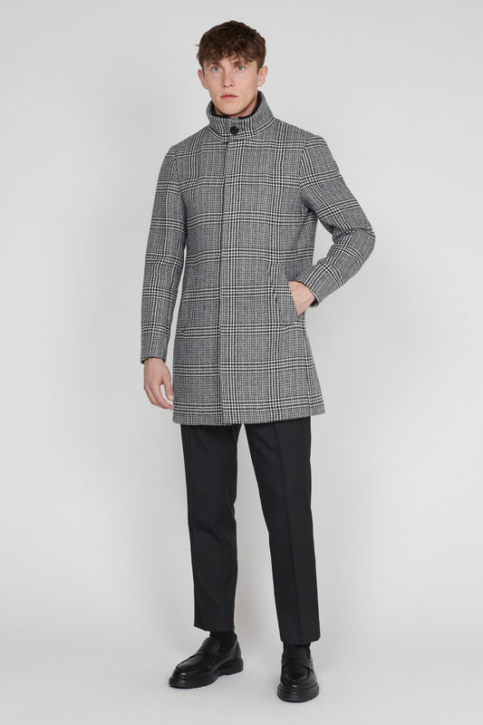 Matinique Men Black Checked Stand Collar Long Sleeves Overcoat