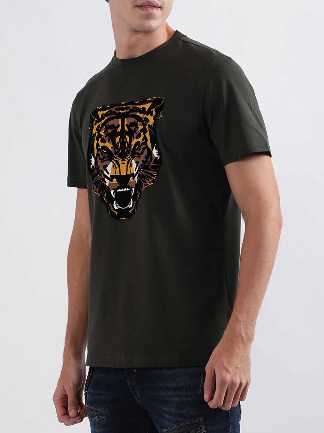 Antony Morato Military Green Animal Print Regular Fit T-Shirt