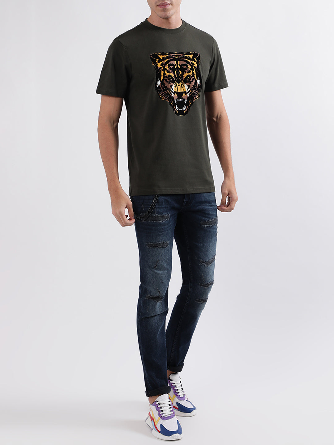 Antony Morato Military Green Animal Print Regular Fit T-Shirt