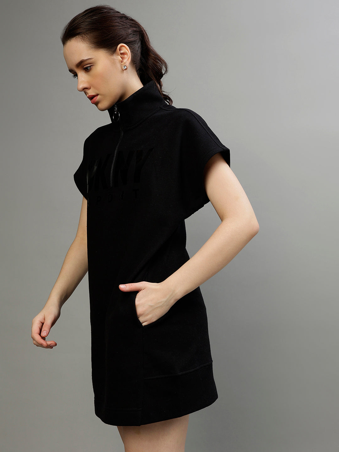 Dkny Women Solid High Neck Short Sleeves Dress