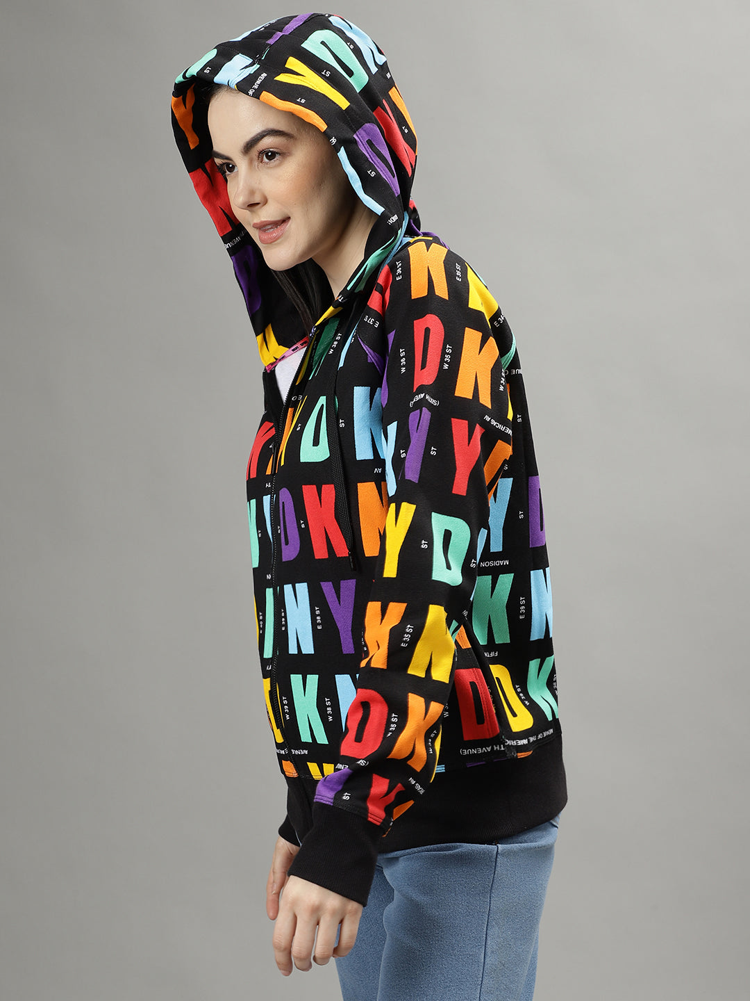 Dkny Women Multicolored Printed Hooded Long Sleeves Jacket
