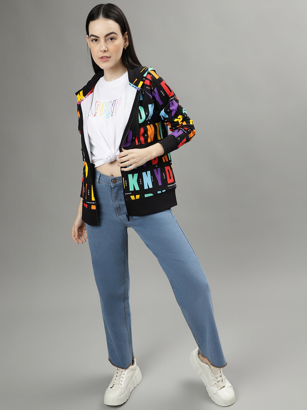 Dkny Women Multicolored Printed Hooded Long Sleeves Jacket