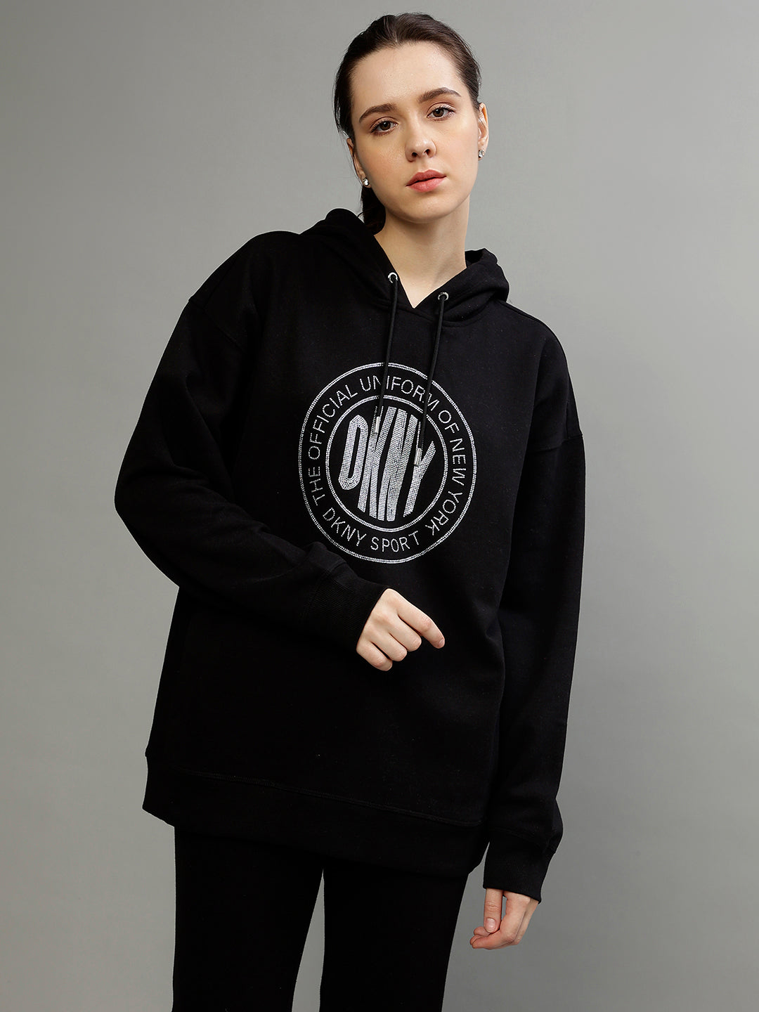 Dkny Women Printed Hooded Full Sleeves Sweatshirt