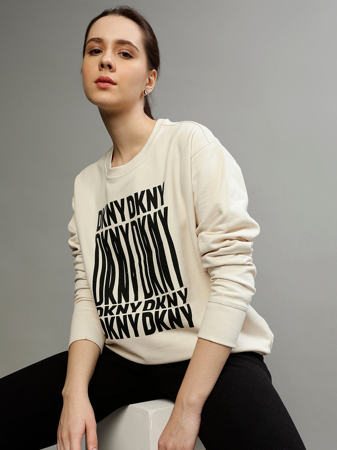 Dkny Women Printed Round Neck Full Sleeves Sweatshirt