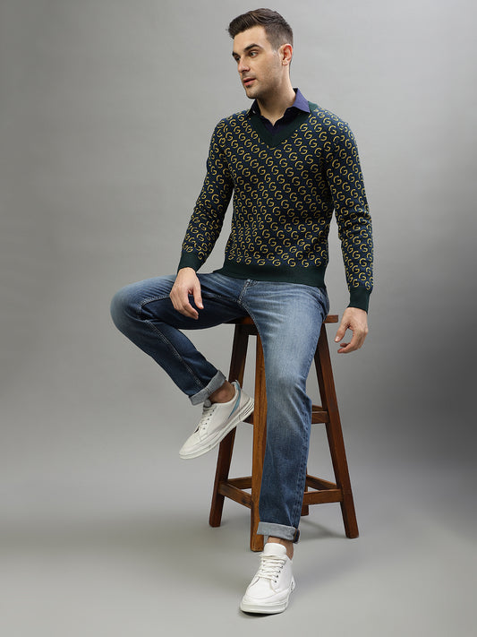 Gant Men Self Design V-Neck Full Sleeves Sweater