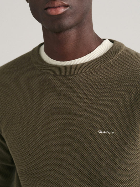 Gant Men Green Solid Round Neck Sweater