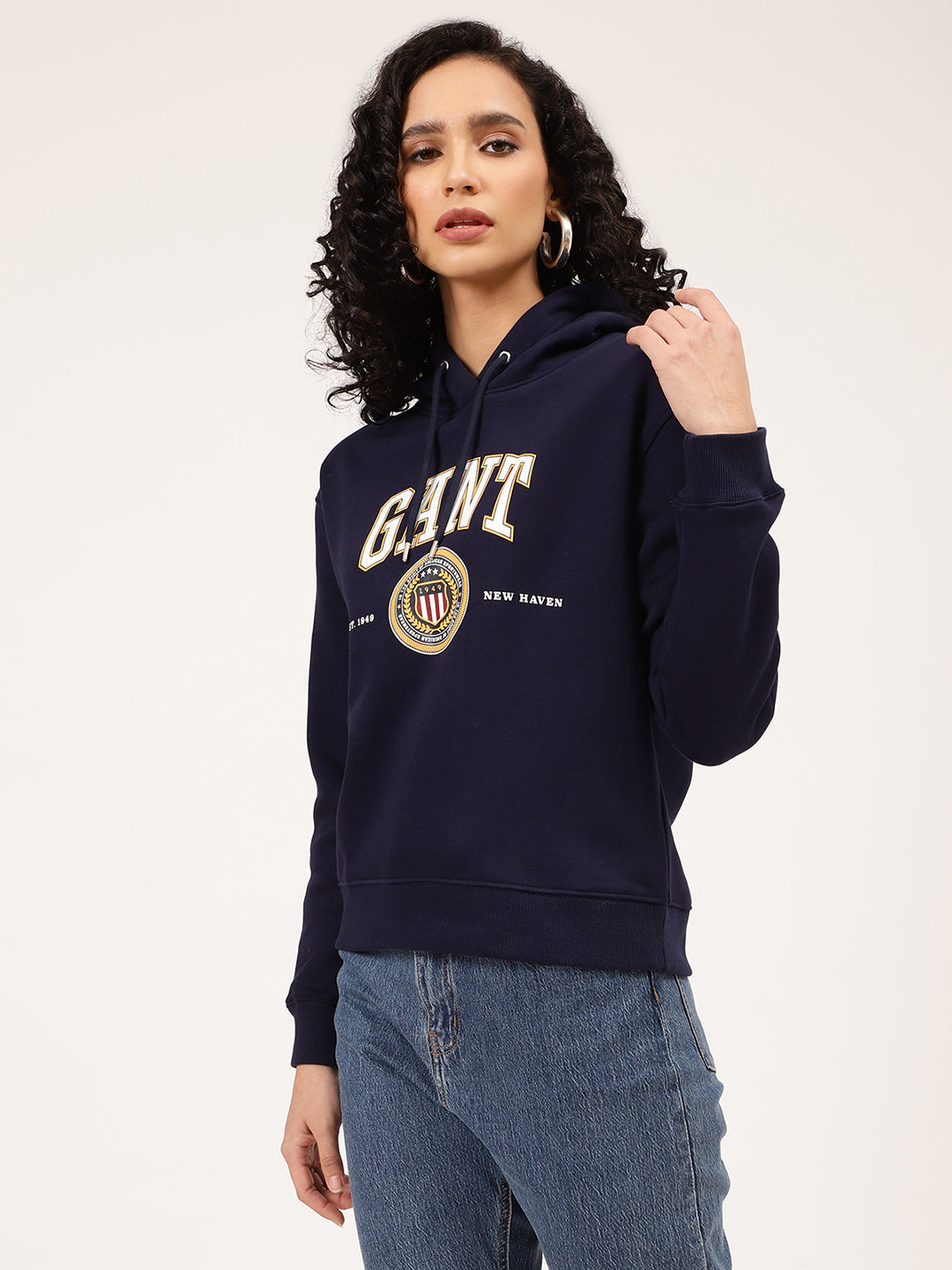 Gant Women Blue Printed Typography Hooded Sweatshirt