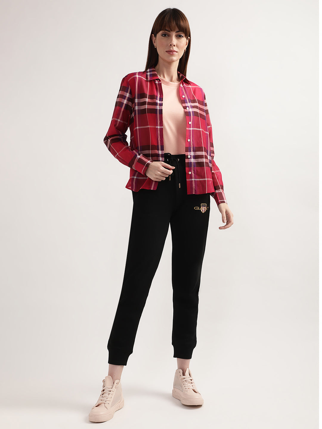 Gant Women Red  Purple Checked Cotton Casual Shirt