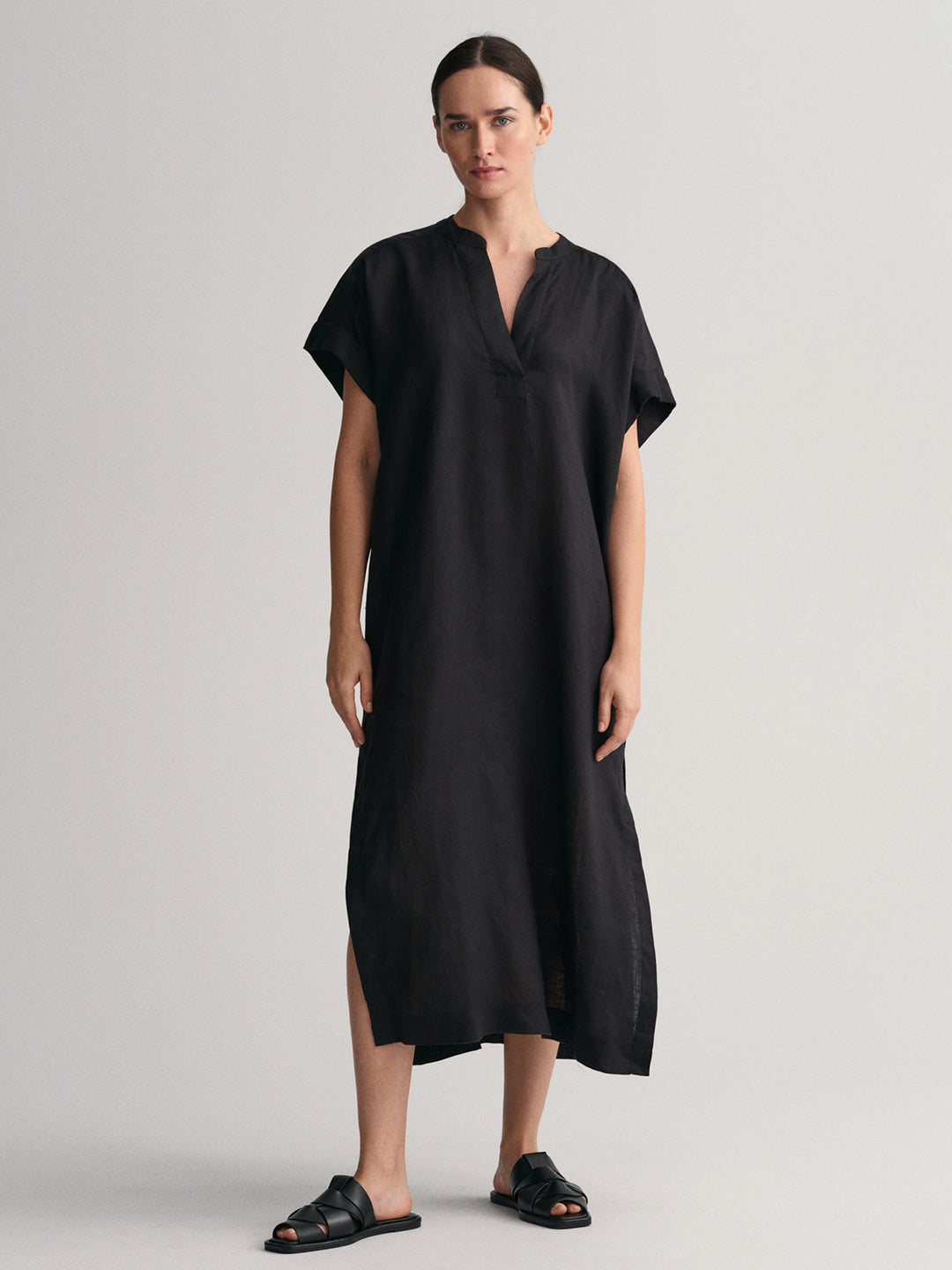 Gant V-Neck Extended Sleeve Linen A-Line Midi Dress