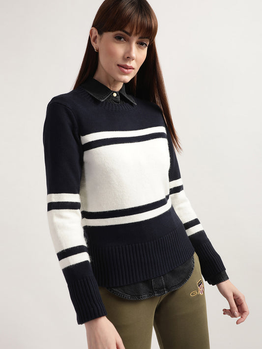 Gant Women Navy Blue  White Colourblocked Wool Pullover