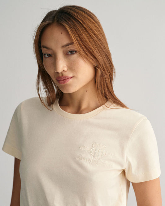 Gant Women Cream Solid Round Neck Short Sleeves T-shirt
